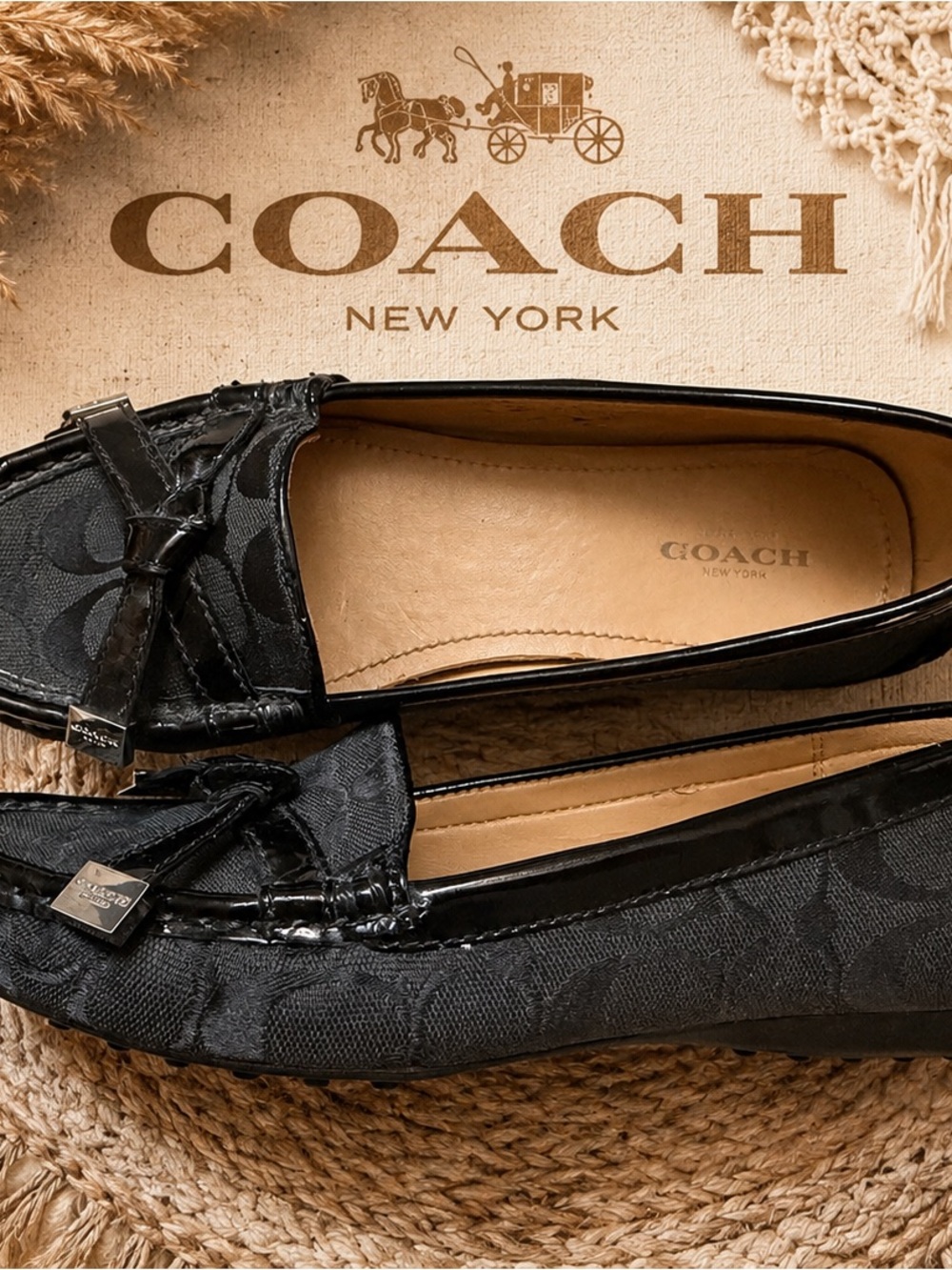 Coach Black Signature Jacquard Leather Trim Loafers